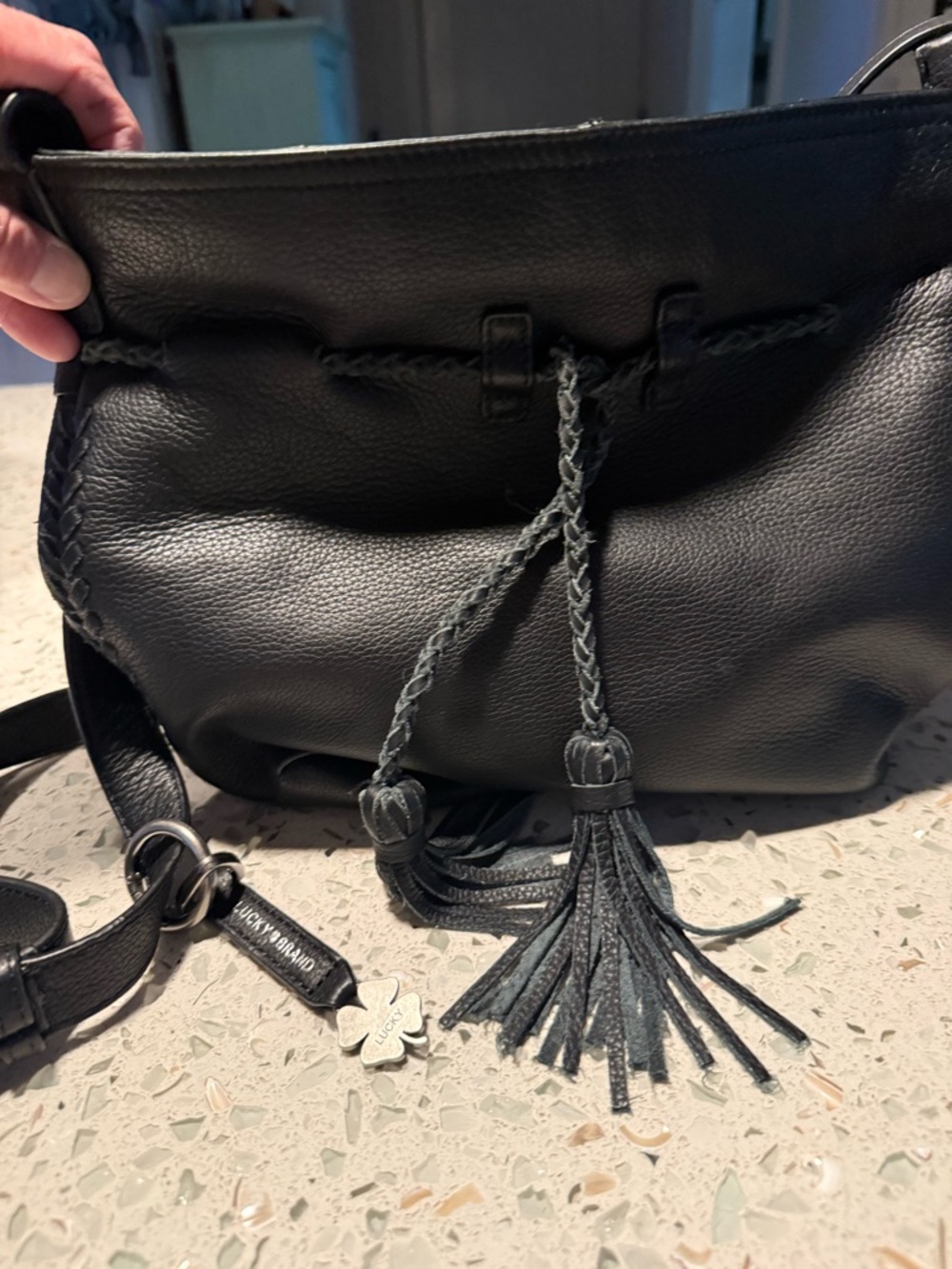 Lucky Brand Black Leather Braided Tassel Drawstring Crossbody Bag